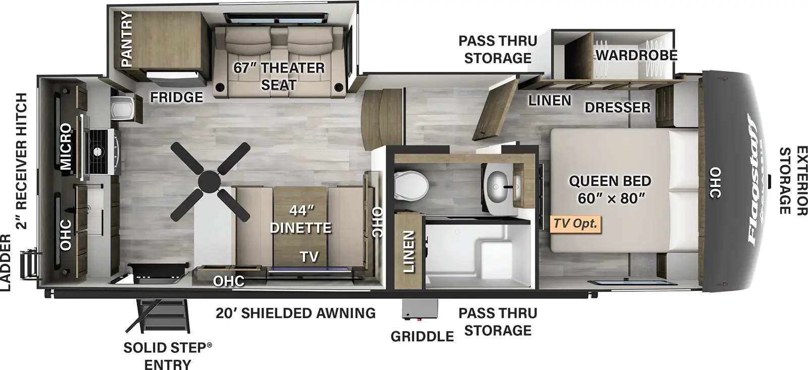 The 282RD has two slideouts and one entry. Exterior features front exterior storage, passthrough storage, griddle, 20 foot shielded awning, solid step entry, rear ladder, and 2 inch receiver hitch. Interior layout front to back: foot-facing queen bed with overhead cabinet, off-door side slideout with wardrobe, dresser and linen closet, and optional TV at foot of bed; door side full bathroom with linen closet; steps down to main living area; off-door side slideout with theater seat, refrigerator and pantry; door side dinette, overhead cabinet, TV, entry, and paddle fan; rear kitchen with counter, overhead cabinet, sink, microwave, and cooktop.